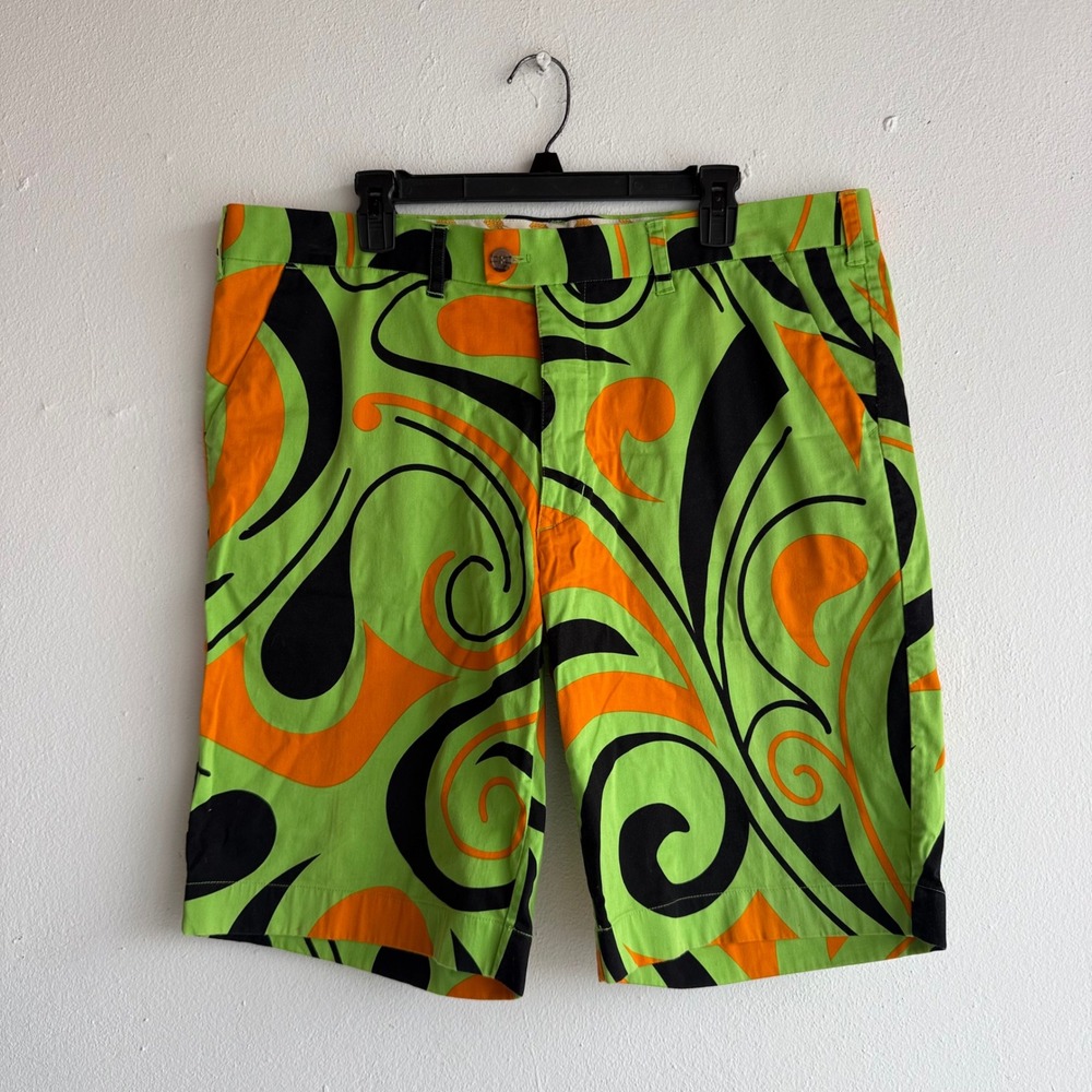 Loudmouth Golf Mens Shorts Size 40 Lime Green Orange Psychedelic Swirl Pattern